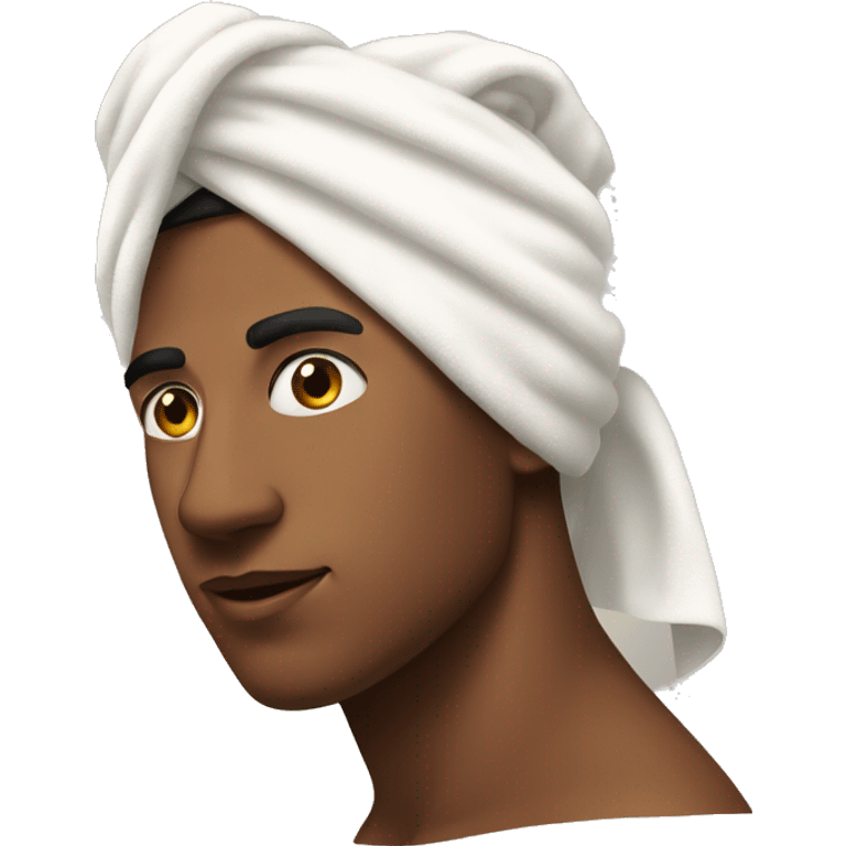 A young man wearing a towel on his head and a facial mask, like after a shower or spa emoji