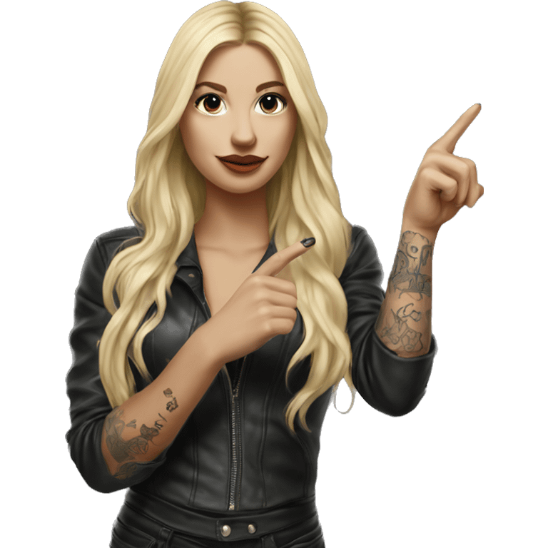 Blonde women with LONG HAIR, in Leather cloth, Body Covered with Tattoos, POINTING YOU FORWARD with her HAND with INDEX FINGER, Hyper Realistic emoji