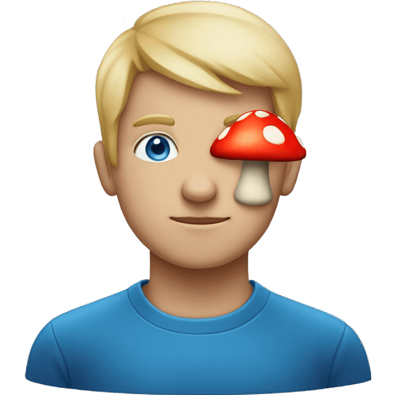 person with blue eyes and red mushroom in head emoji