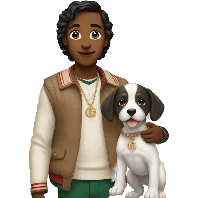 A cute but with an Indian skin color wearing Gucci and standing infront of a modern Indian mansion. The boy is holding a cute puppy emoji