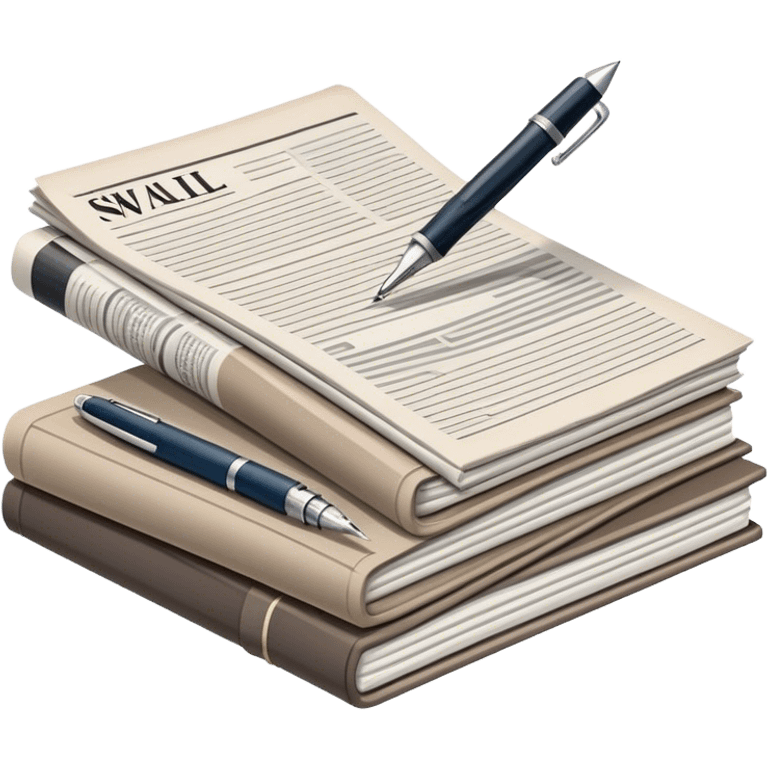 Create an emoji representing journalism and publicistic writing. The design should feature a stack of newspapers as the base, with an open working notebook placed on top of them. A single fountain pen should rest on the very top of the notebook, symbolizing the act of writing. Use neutral, professional colors like black, white, and muted tones to convey a sense of seriousness and intellect. Do not include any emojis or smiley faces. Make the background transparent. emoji