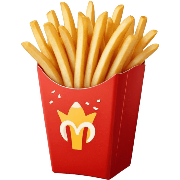 Cinematic crispy golden French fries, piled high, sprinkled with salt, served in a red carton, warm and inviting, rich golden hues, perfectly crunchy and delicious. emoji