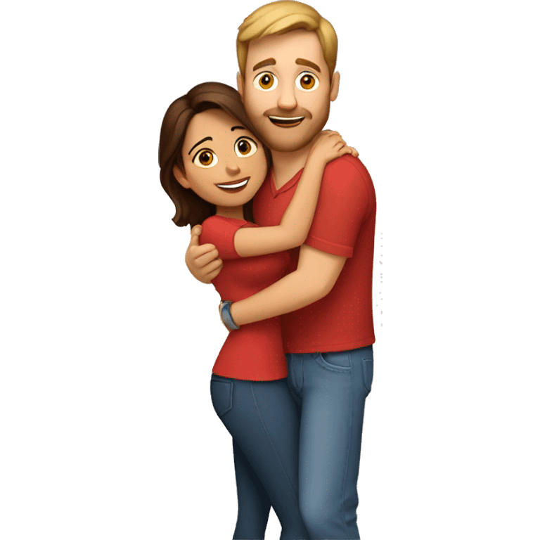 Short white man with brown hair and a wearing a red shirt and jeans hugging a tall Indian woman wearing tight clothes emoji