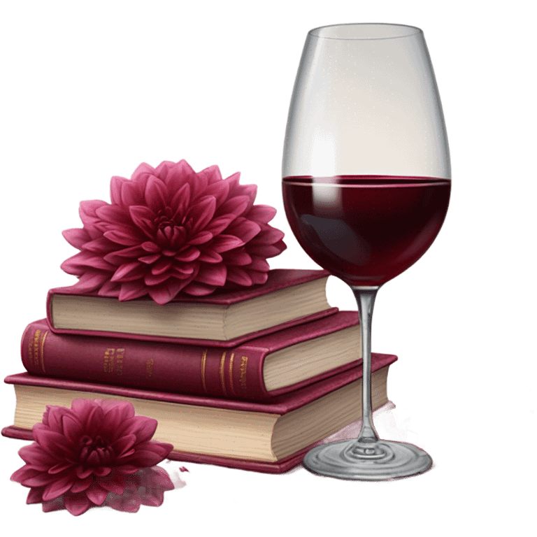 A deep red pile of books with classic dahlias and a spilled wine glass emoji