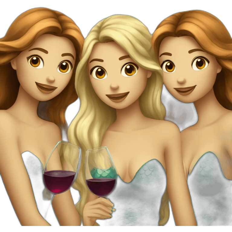 Three beautiful mermaids (two brown hair and blond one) drinking wine emoji