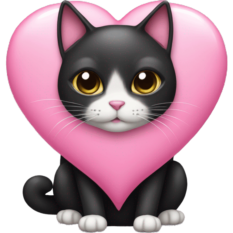 Black cat wearing a pink bow holding a big pink heart emoji