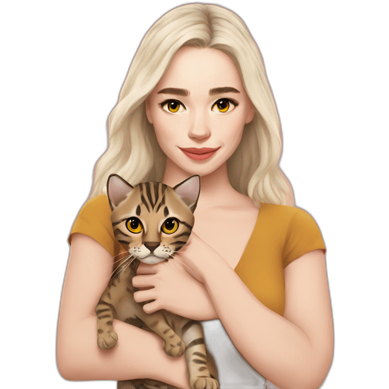 Emilia Clarke holds a Bengal cat with yellow eyes emoji