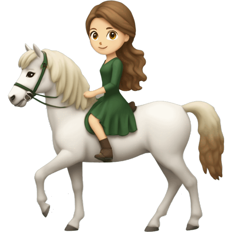 White girl with brown hair and a beautiful forest green dress riding a cute Haflinger  emoji