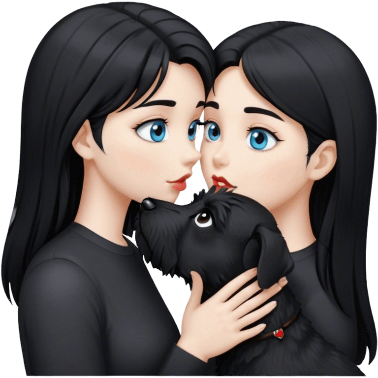 one pale girl with light blue eyes and long black hair wearing black shirt kissing black schnauzer  emoji