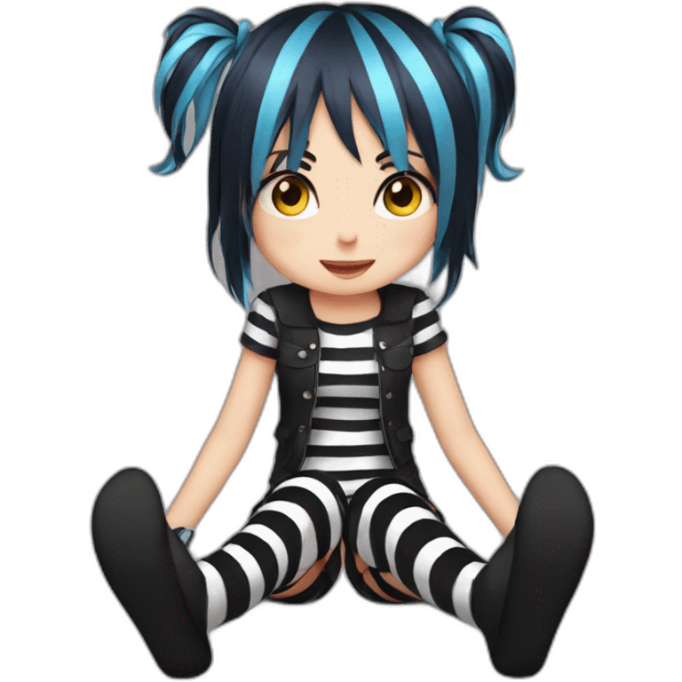 Frontal view curvy emo girl sits striped stockings hands up emoji