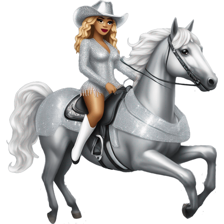 beyoncé in a silver crystal outfit wearing a silver crystal cowboy hat riding a silver shimmery horse emoji