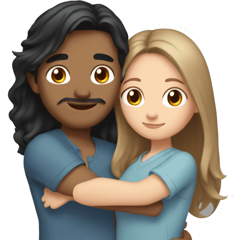 Friends hugging each other. Indian man with black hair. White woman, blue eyes and long light brown hair emoji