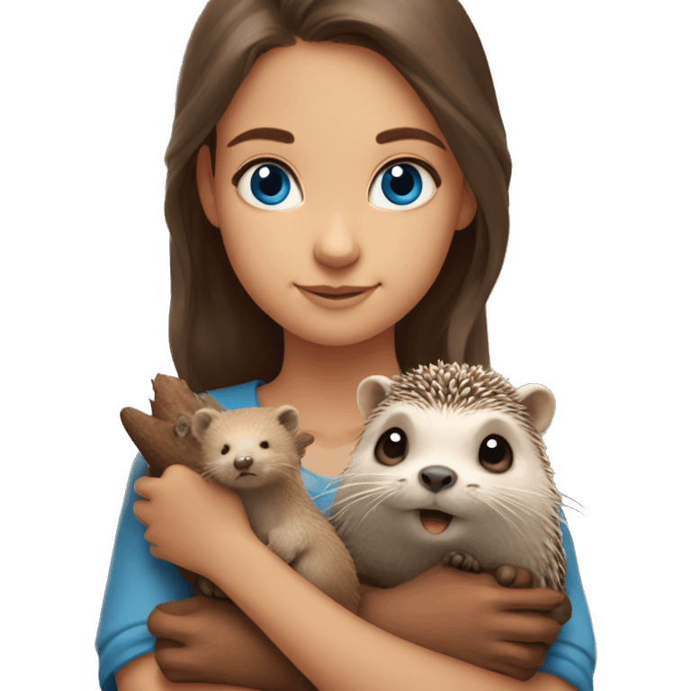 girl with blue eyes holds otter and hedgehog in her arms emoji