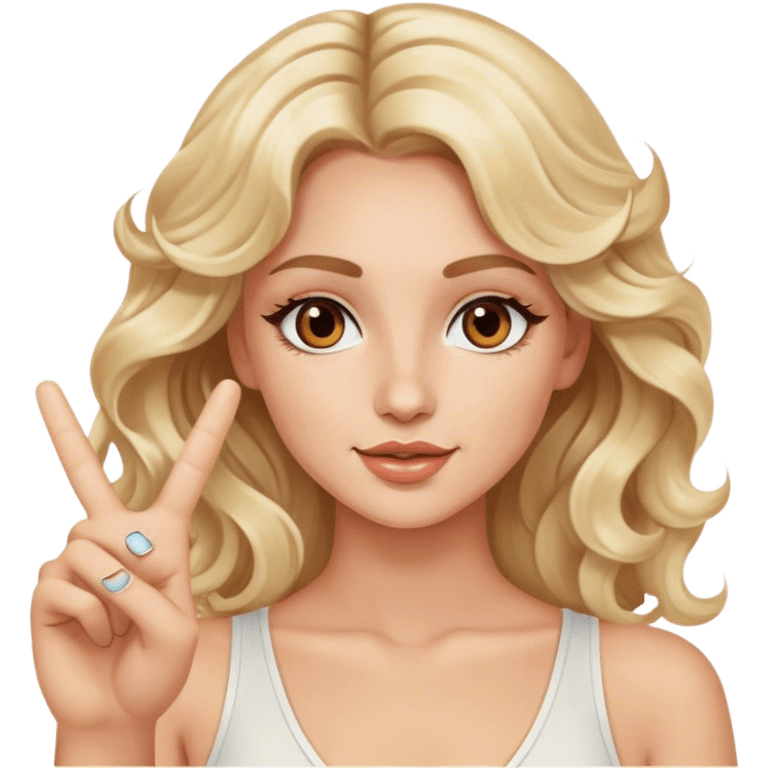 Luxury blonde model, brown eyes, wavy hair, doing a peace sign emoji