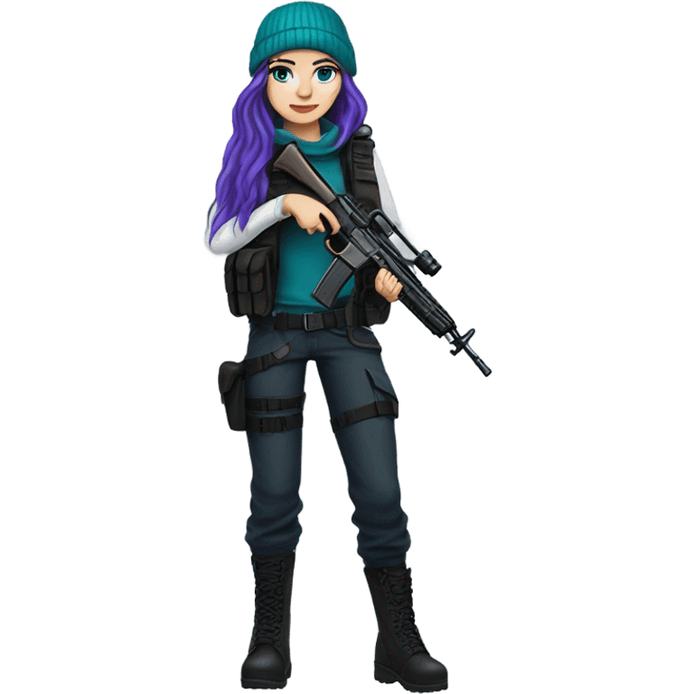 Girl, white skin, tactical vest, dark pants, long teal hair, blue eyes, purple beanie, gun, black combat boots emoji