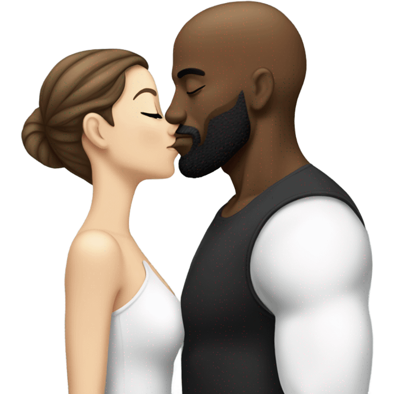 White brunette kissing muscular black bald man with beard emoji