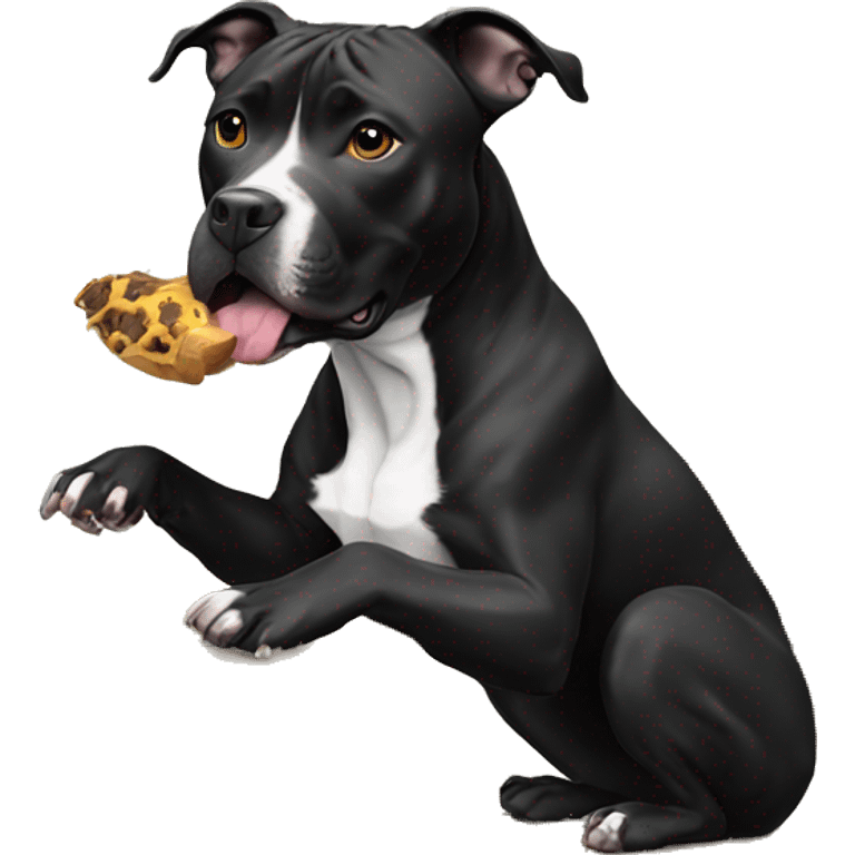 Black pit bull eating on a table emoji