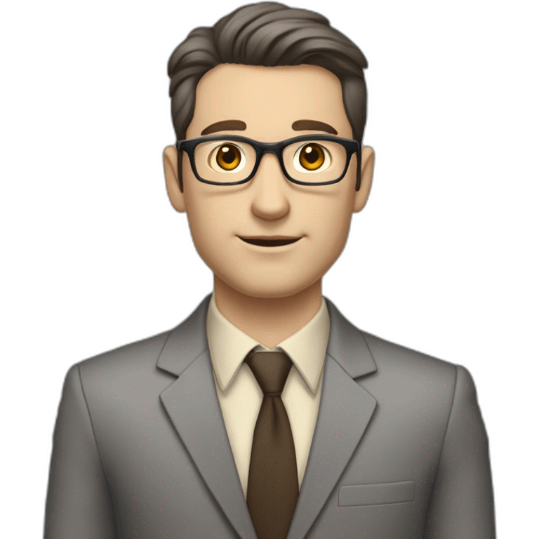 Full height Pale skinned Fit Man With dark brown hair in classic gray suit, beige office shirt, dark gray tie, and vintage glasses. His hands lock emoji