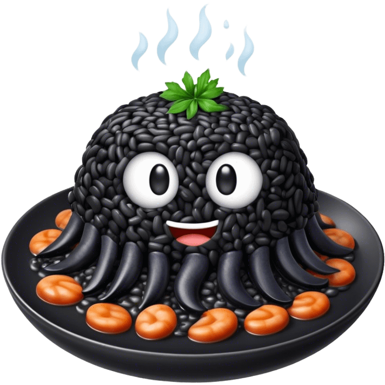 Cinematic Realistic Black Risotto Dish Emoji, showcasing a rich squid ink-infused risotto rendered with bold textures and dynamic, dramatic lighting. emoji