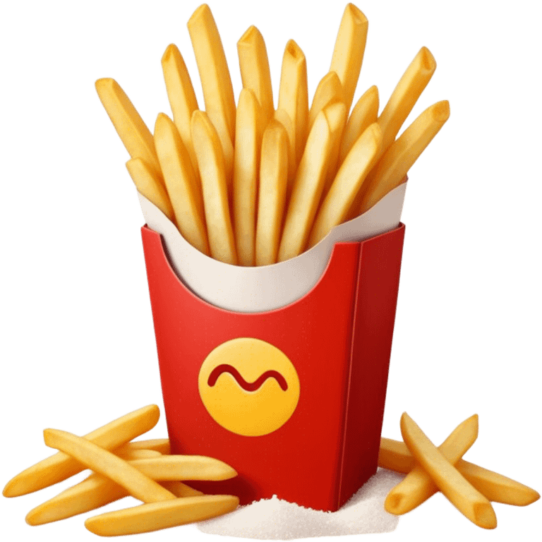 Cinematic crispy golden French fries, piled high, sprinkled with salt, served in a red carton, warm and inviting, rich golden hues, perfectly crunchy and delicious. emoji