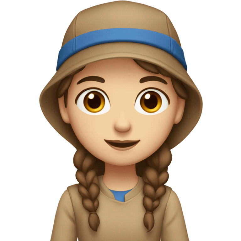 Girl with brown hair and blue eyes in a cap on a beige/brown background  emoji