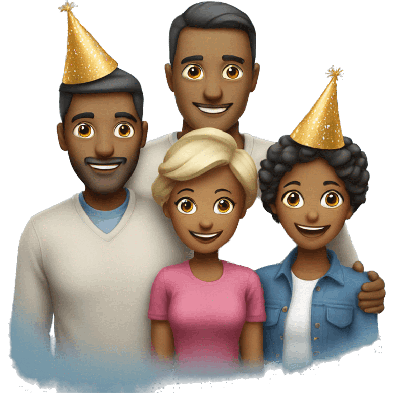  family of 4 people (man woman and 2 kids) celebrate new year in birthday hats emoji