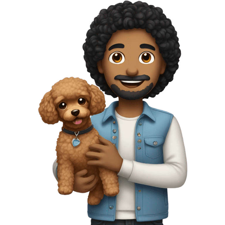 Man with black hair holding toy poodle emoji