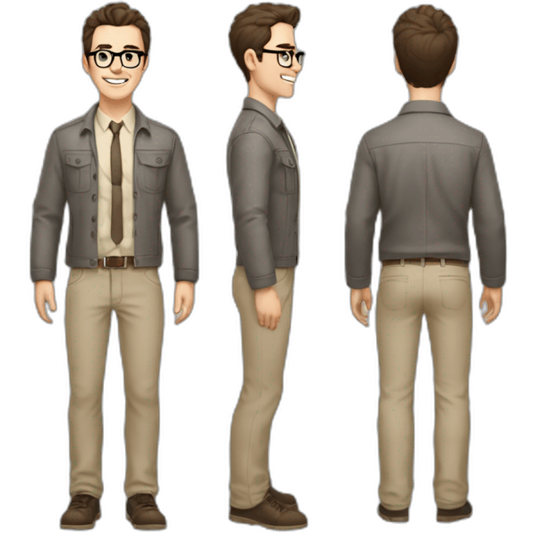 Joyful Full height Pale skinned Fit Man With dark brown hair in gray jacket, beige office shirt, Brown pants and vintage glasses. His thrumbs up emoji