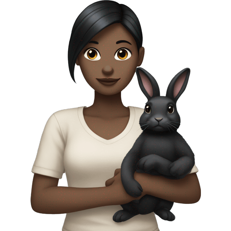 White girl with black hair holding a black bunny emoji