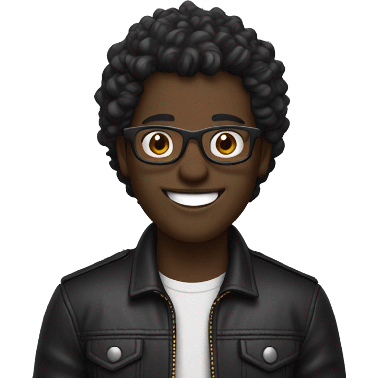 programmer, with dark skin (not so dark), square glasses, wavy hair, wearing a black leather jacket and smiling (show teeth.) emoji