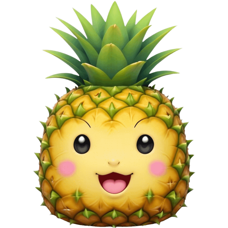 Cute Kawaii Pineapple, tiny and round, bright golden yellow with a spiky green top, chubby cheeks, playful winking expression, soft pastel textures, sweet and tropical vibes! emoji