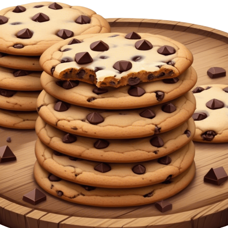 Cinematic crunchy chocolate chip cookies, freshly baked, golden-brown with gooey melted chocolate chunks, stacked on a rustic wooden plate, soft warm lighting, cozy and delicious. emoji