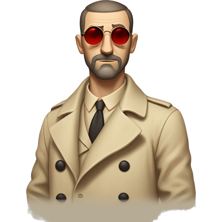 1930s investigator, a Caucasian man with short, buzz cut dark hair and a rough beard, wears tiny red-tinted sunglasses and a dirty beige trench lab coat. He has a serious demeanor. emoji