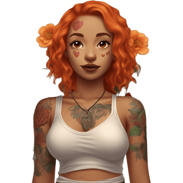 girl with orangey red shoulder-length hair, large brown eyes, full lips, septum piercing and large chest tattoo of anatomical heart with flower bunches near the shoulders emoji