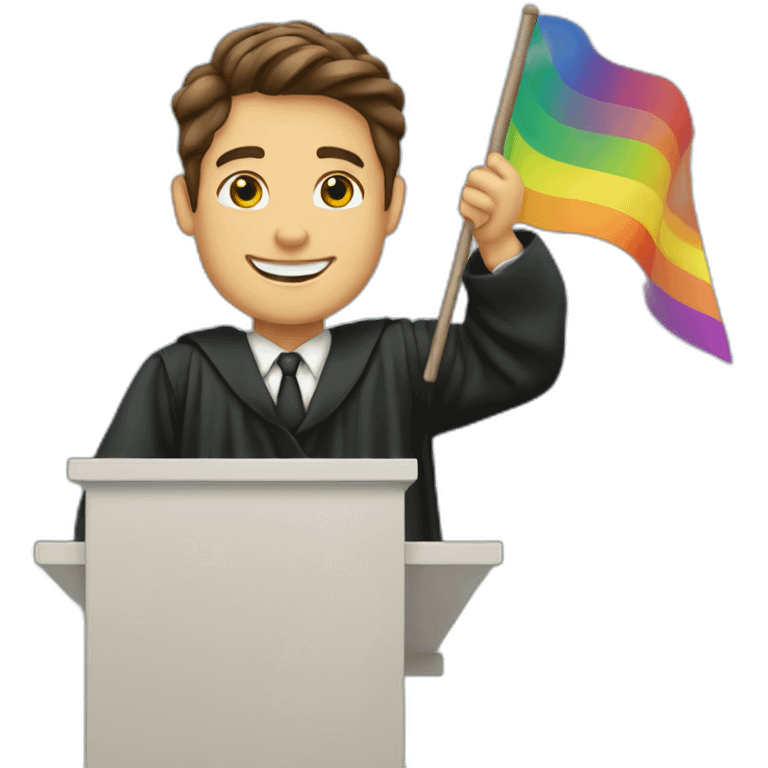 brown haired male judge waving pride flag emoji