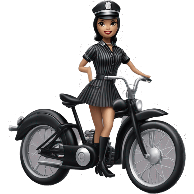 Silkstone Lingerie Barbie, Wednesday Addams from academy in vertically-striped dark-gray and black officer’s uniform with hat. Leaning back at the hips, riding a wheelie on a hot rod bike smiling  emoji