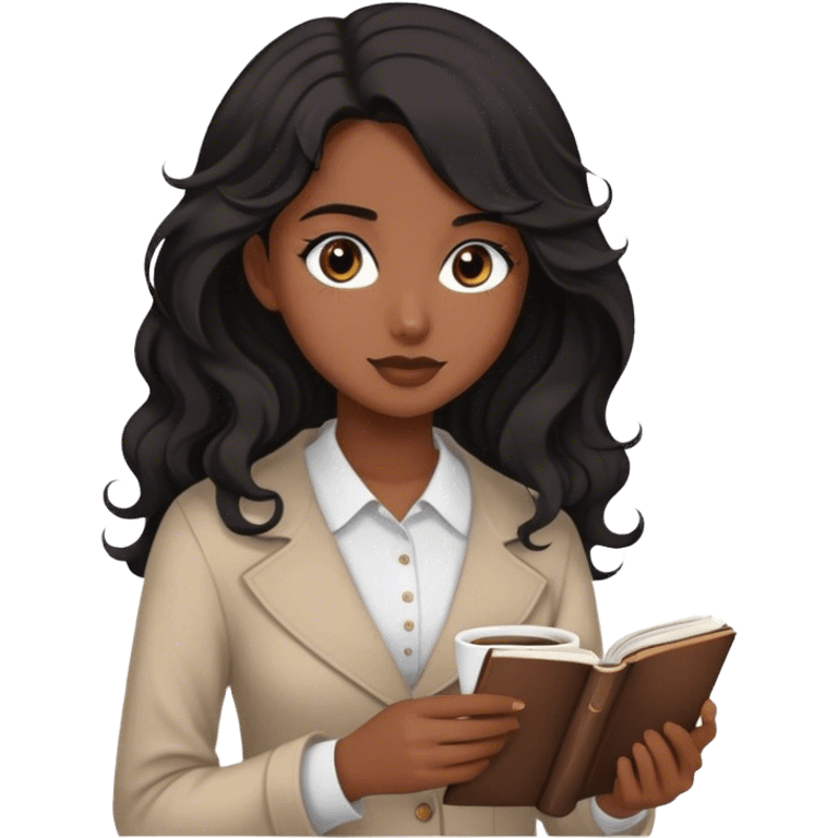 A girl with black wavy hair,wearing modest clothes with manga book and coffee her eyes are dark brown her skin color is a little dark but not that much  emoji