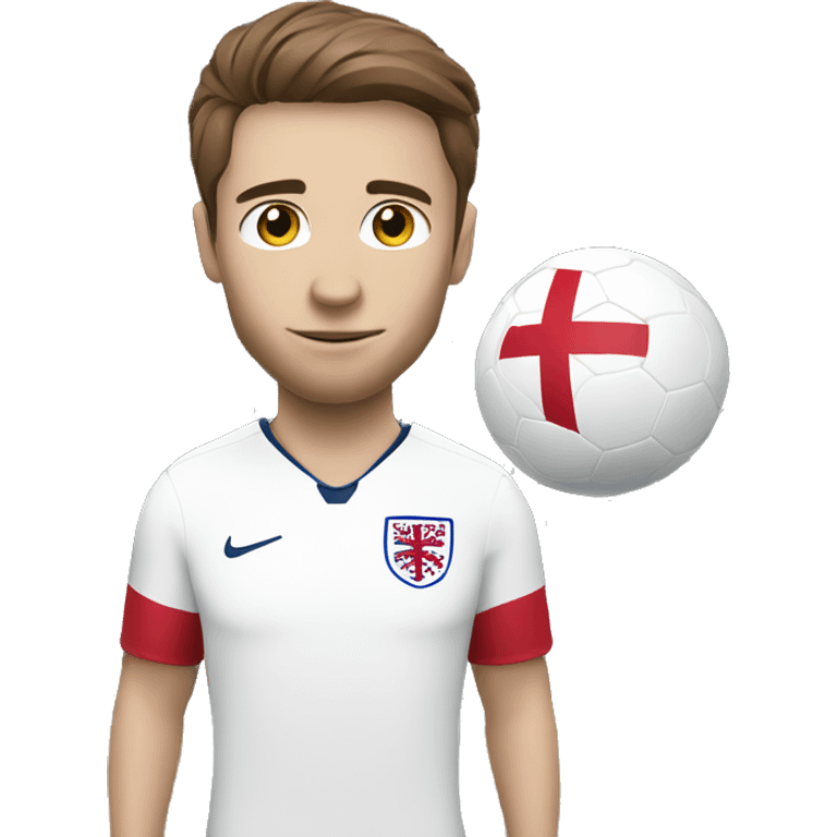 soccer player with white skin, brown hair, and wearing an england kit, holding a football emoji