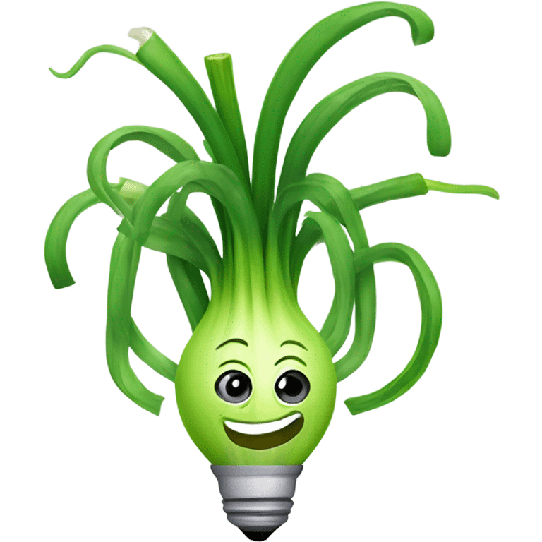 Smiling green onion with a bundle of long, thin green stalks as hair, big expressive eyes, and a cheerful cartoonish face on the white bulb section. Vibrant and playful design. emoji