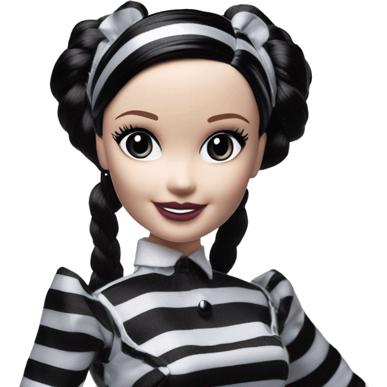 Silkstone Lingerie Barbie. 1999 teen Wednesday Addams from academy. Smiling. Dark-gray and black striped outfit. Very Pale-white porcelain skin.  emoji