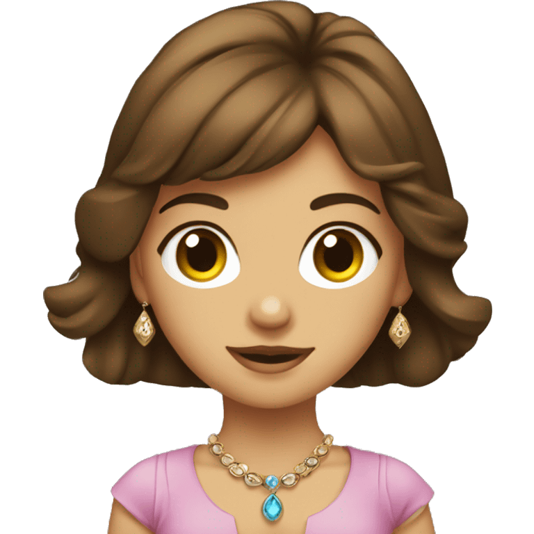 Girl with brown hair and jewelry. In hand keeping stencil emoji