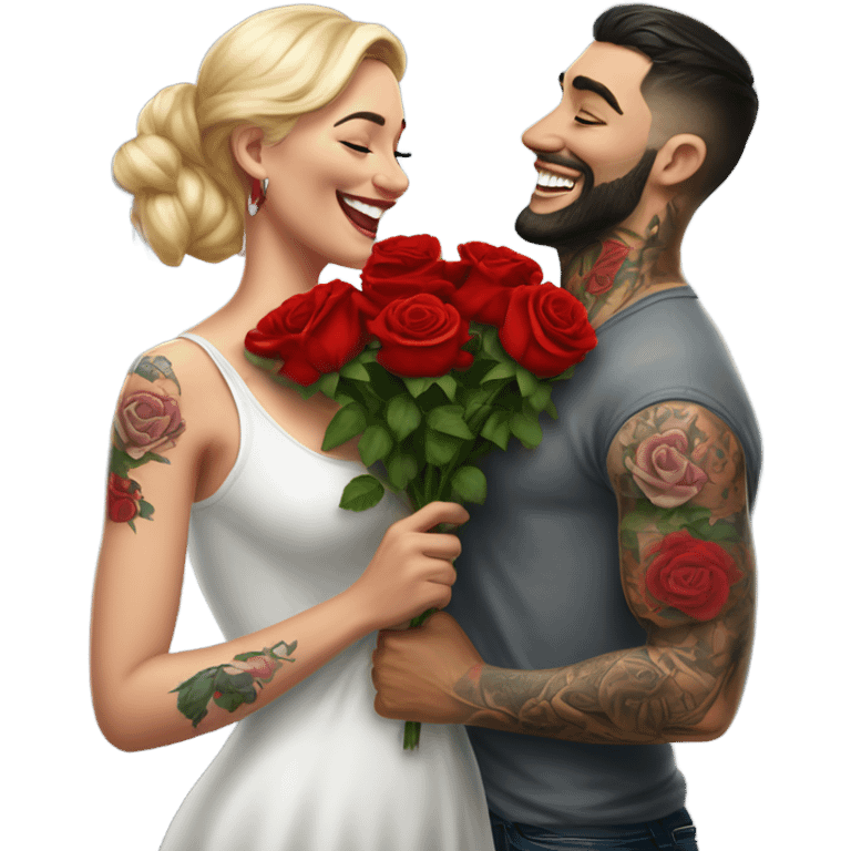 Hyper Realistic beautiful woman smells bouquet of bright red roses laughing with handsome tattooed man  emoji