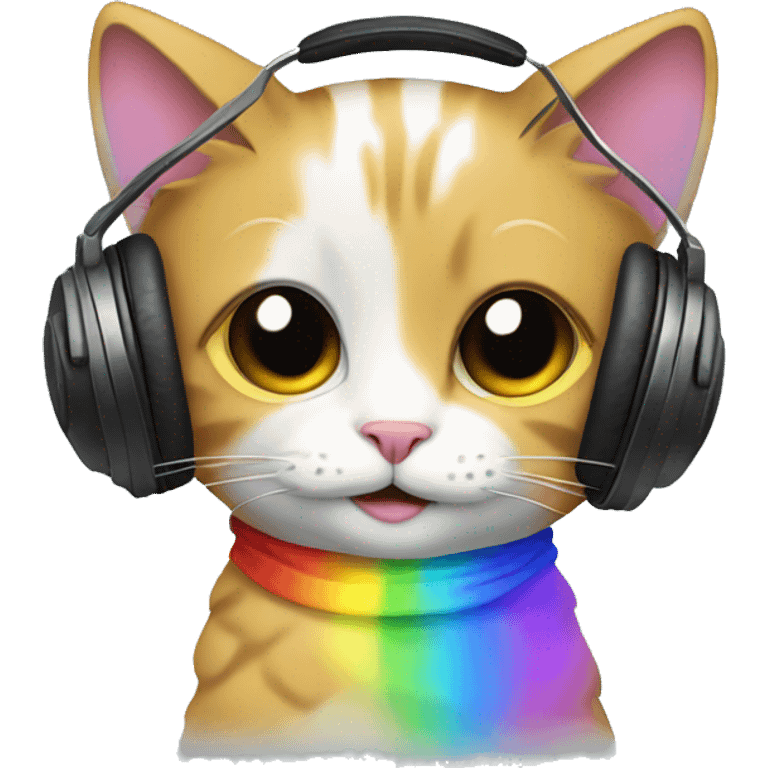 cat listening to music with rainbows emoji