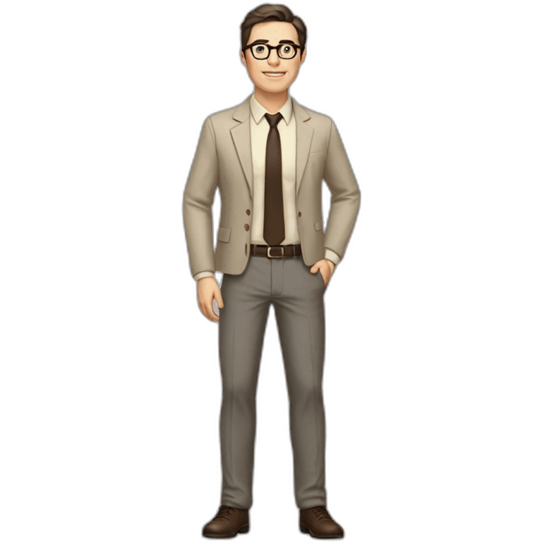 Full height Pale skinned fit man with dark brown hair in gray jacket, beige office shirt, brown tie, brown pants and vintage glasses. His right hand stretched out emoji