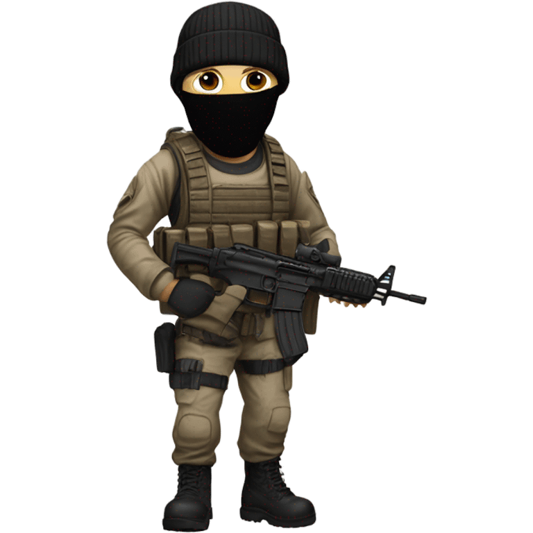 White male, call of duty black mask, camo tactical gear, tan combat boots, black beanie, blue eyes emoji