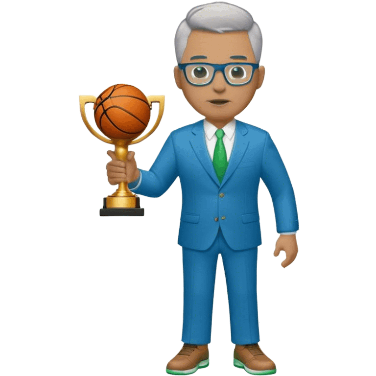 full body plus size male basketball coach with short light brown mixed with gray hair color wearing glasses wearing blue and green suit holding a trophy emoji