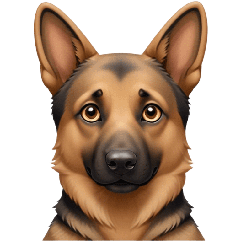 Cinematic Cute Tan/Black German Shepherd Portrait Emoji, Head tilted playfully and inquisitively, showcasing a smooth tan coat with distinctive black markings and piercing brown eyes filled with curiosity, Simplified yet irresistibly adorable features, highly detailed, glowing with a warm, friendly glow, high shine, affectionate and alert, stylized with a touch of whimsy, bright and endearing, soft glowing outline, capturing the essence of a mischievous yet loving guardian, so playful it feels like it could bound out of the screen and into your arms! emoji