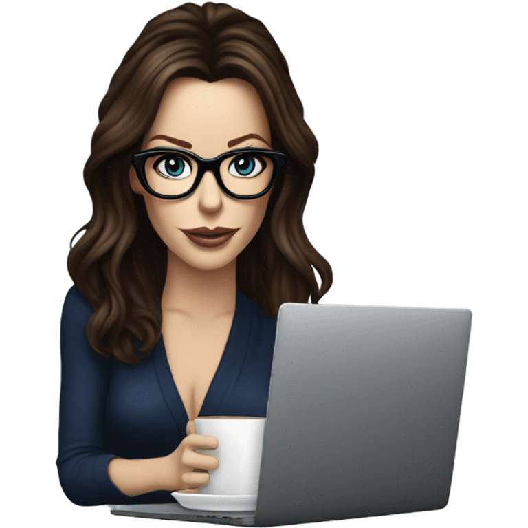 Hyper Realistic Kate Beckinsale dark blue eyes wearing glasses drinking coffee at a laptop  emoji