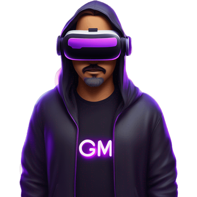 Big Lebowski wearing a black hoodie with "OMG" letters on it and VR headset oculus quest 2 in a cyberpunk VR environment with violet neon lighting. emoji