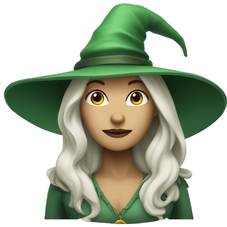 A woman with white skin and white long hair and witch's hat and green clothes ifnj emoji